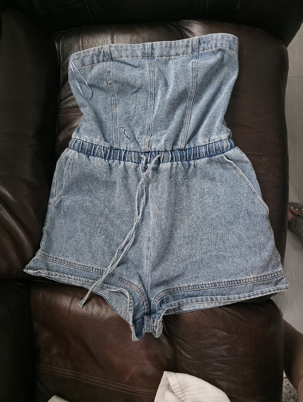 Women's Denim Drawstring Romper Shorts - Grey